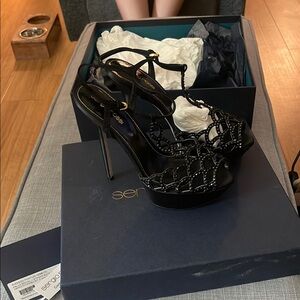 Sergio Rossi Black Crocodile Embossed Heels